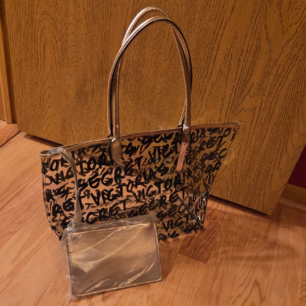 Victoria's Secret Gold and Black Script Tote